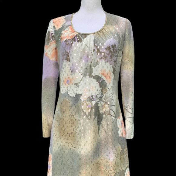 VINTAGE 70’s Belted Floral Maxi Gown Metallic Dot - Picture 15 of 15